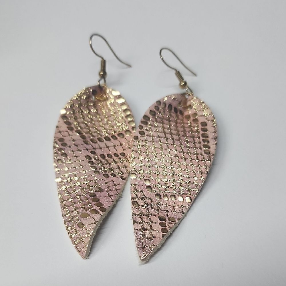 Pink and Gold Teardrop Leather Earrings with Textured Pattern